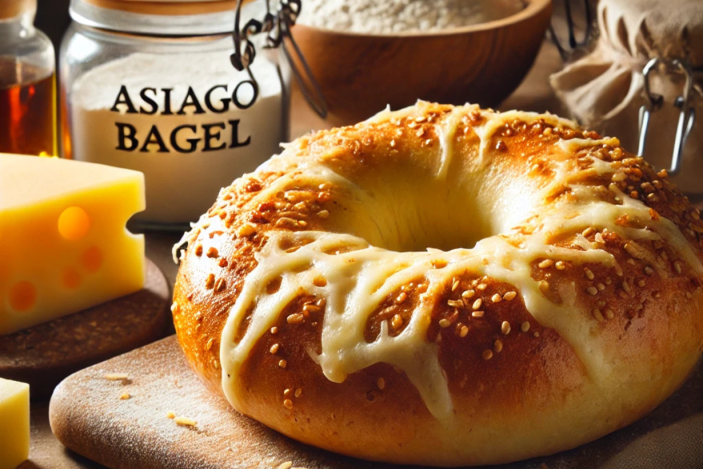 A close-up of an Asiago bagel with melted cheese on top, placed on a wooden cutting board in a rustic kitchen, with baking ingredients in the background.