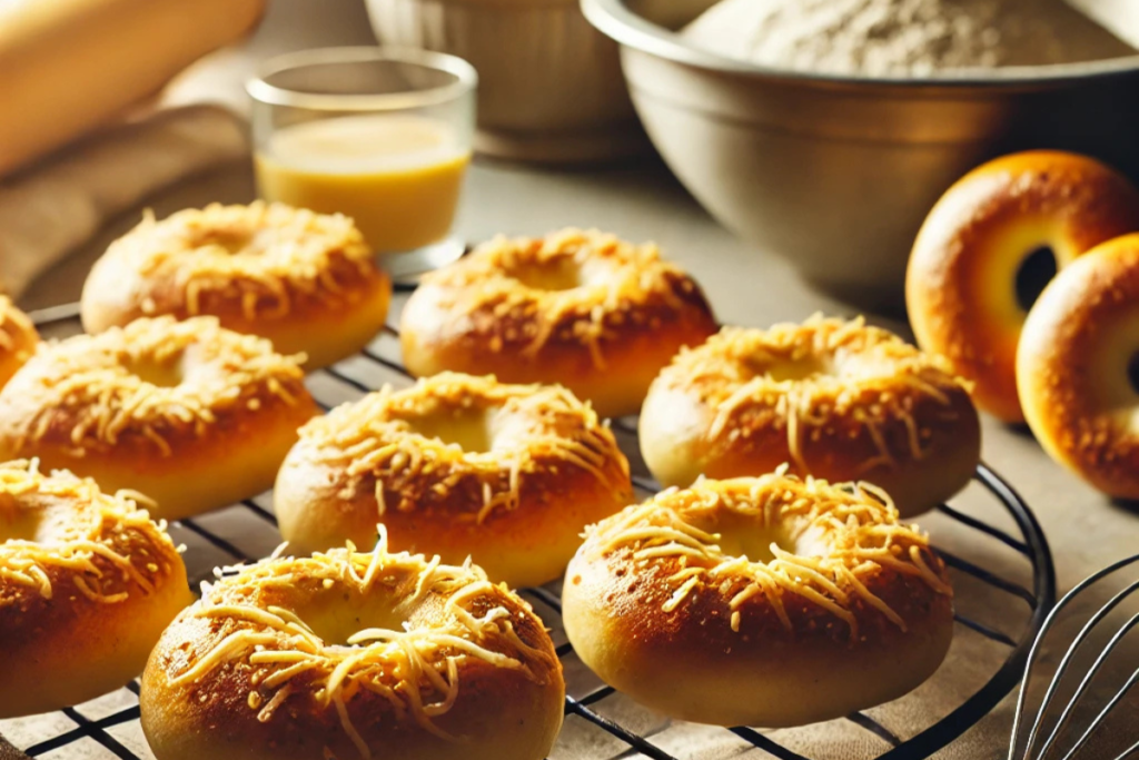 Homemade Asiago bagels cooling on a wire rack with golden cheese on top, kitchen tools in the background.