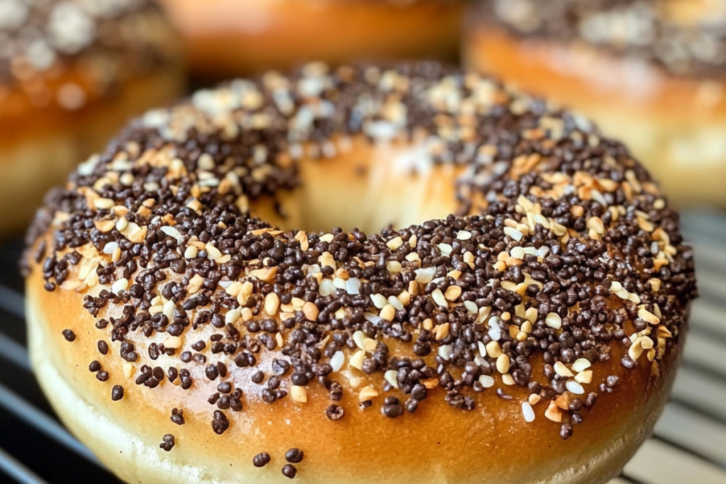 Close-up of a freshly baked scooped bagel topped with seeds and seasoning, resting on a cooling rack.