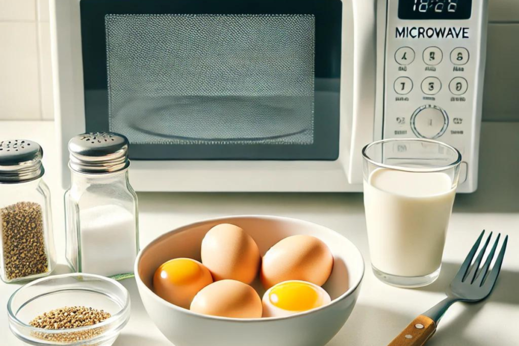 A kitchen scene with a bowl of ingredients for making microwave scrambled eggs, including eggs, salt, pepper, and milk.