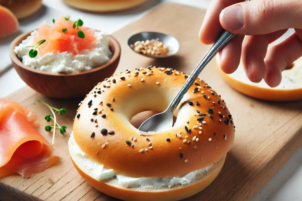 Close-up of a scooped bagel being hollowed out with a spoon, with cream cheese, smoked salmon, and vegetables nearby.