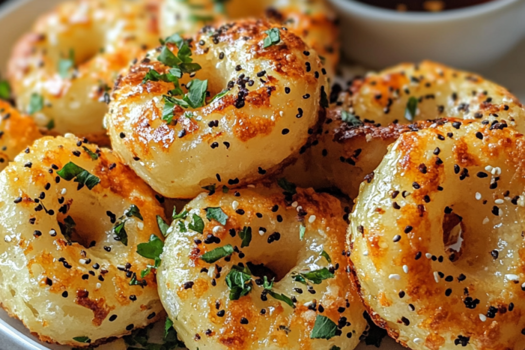 Homemade air fryer Bagel Bites topped with sesame seeds and fresh herbs, perfectly crispy and golden.