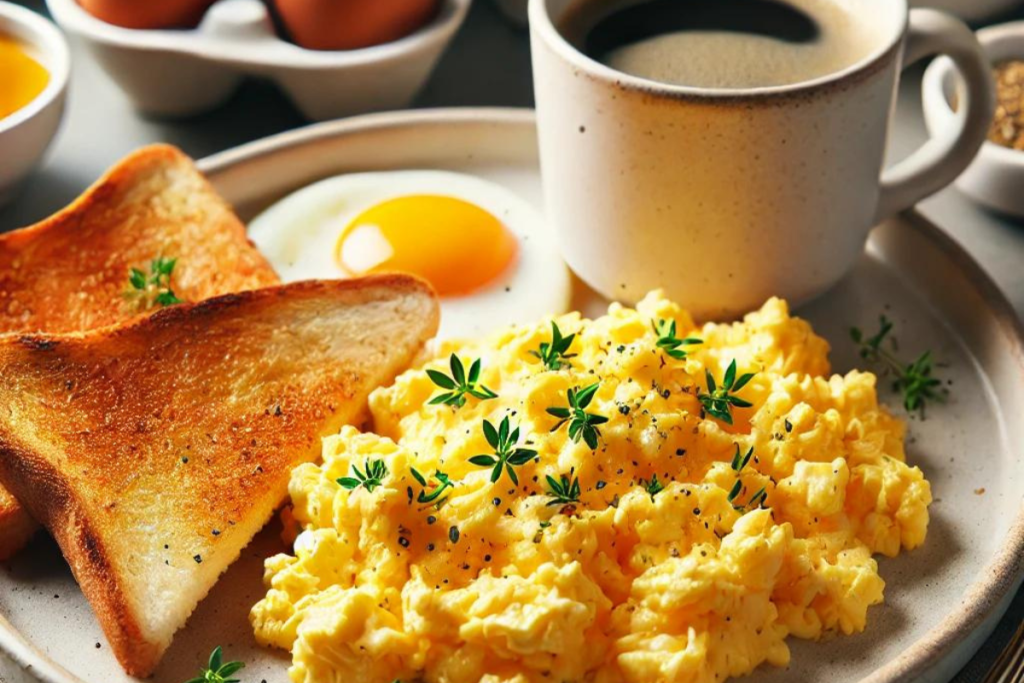 A plate of scrambled eggs with toast and herbs, served with a cup of coffee on a breakfast table.