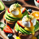 Eggs Benedict Avocado Toast with Poached Eggs and Fresh Fruit on a Wooden Table