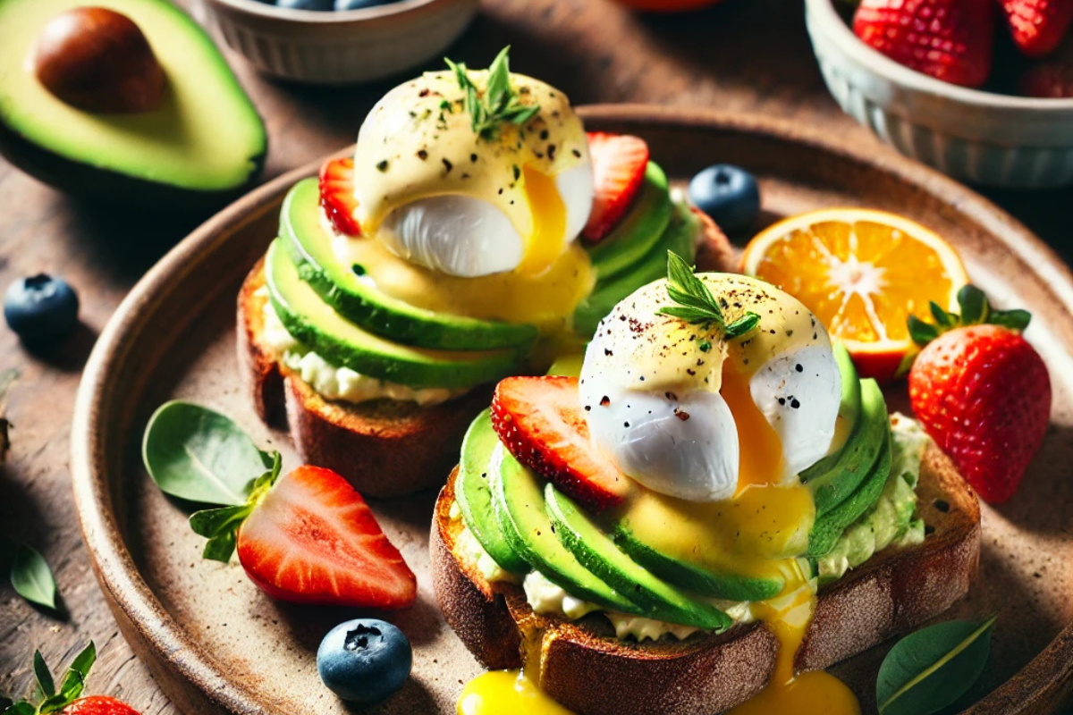 Eggs Benedict Avocado Toast with Poached Eggs and Fresh Fruit on a Wooden Table