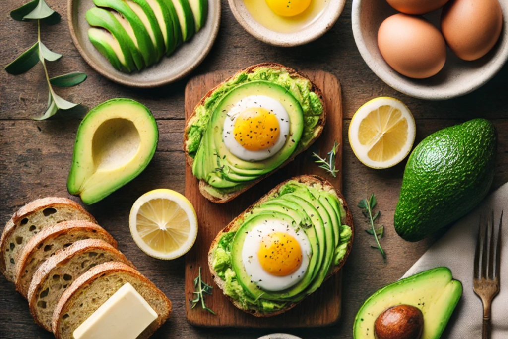 Ingredients for Eggs Benedict Avocado Toast with fresh avocados, eggs, butter, bread, and herbs