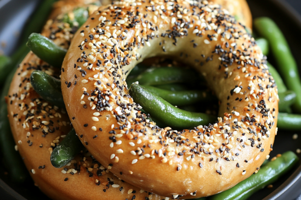 Everything bagel with crispy green beans inside, topped with sesame seeds, poppy seeds, and garlic.