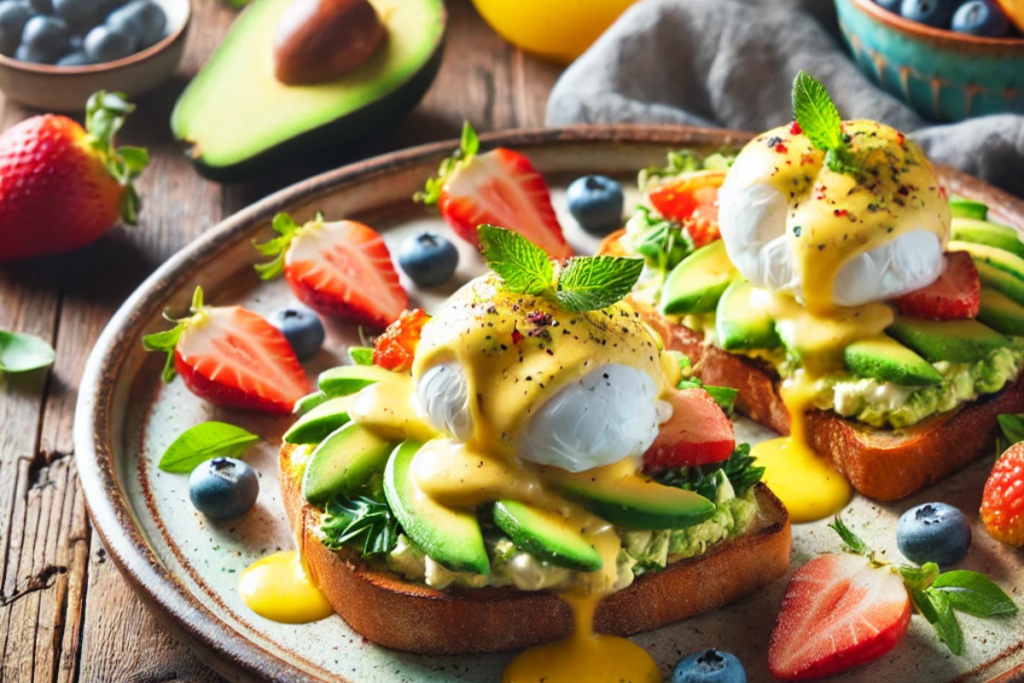 Eggs Benedict Avocado Toast with poached eggs and fresh fruit on a rustic plate