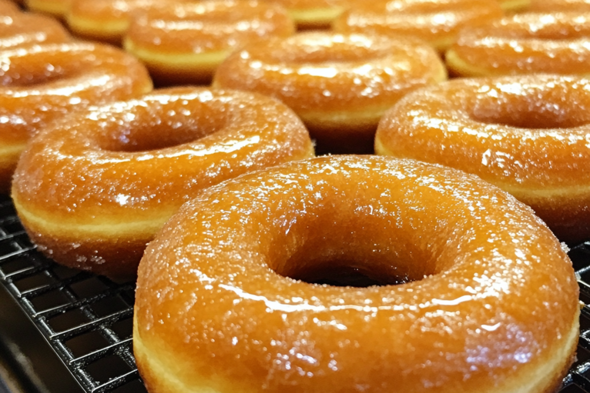 Close-up of freshly glazed fried cake doughnuts cooling on a rack.