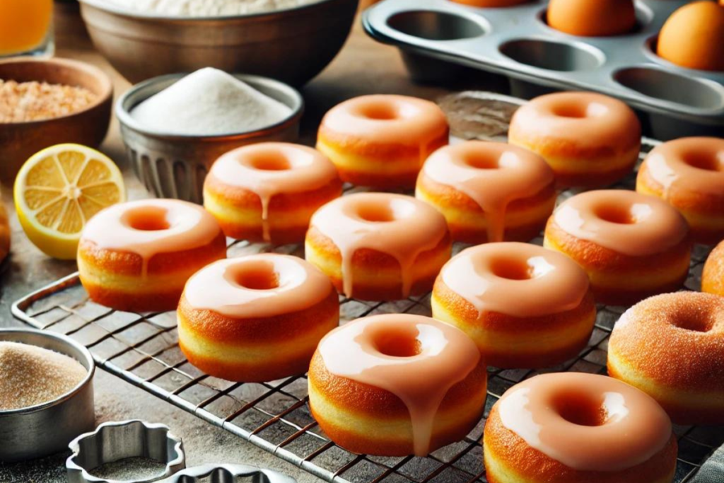 Baked cake doughnuts cooling on a wire rack with ingredients like flour and sugar in the background.