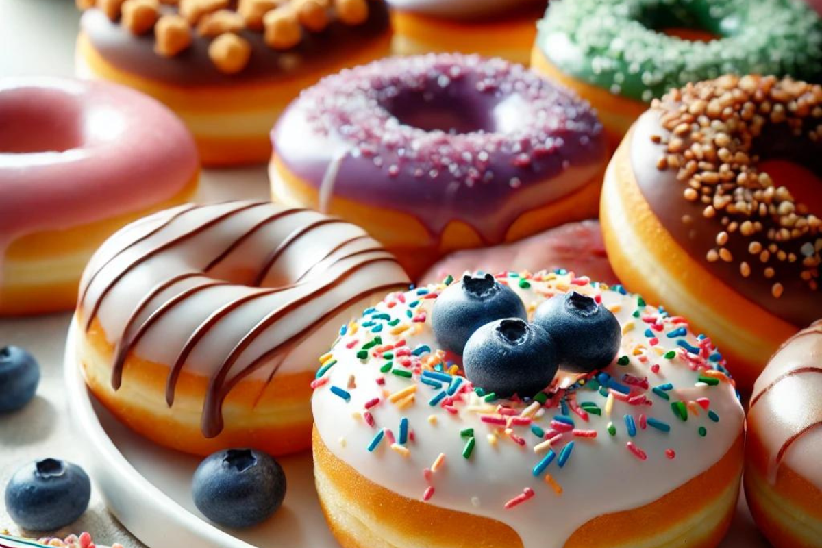 A delicious display of Krispy Kreme cake donuts topped with various glazes and sprinkles on a white plate, with a blueberry cake donut in the foreground.