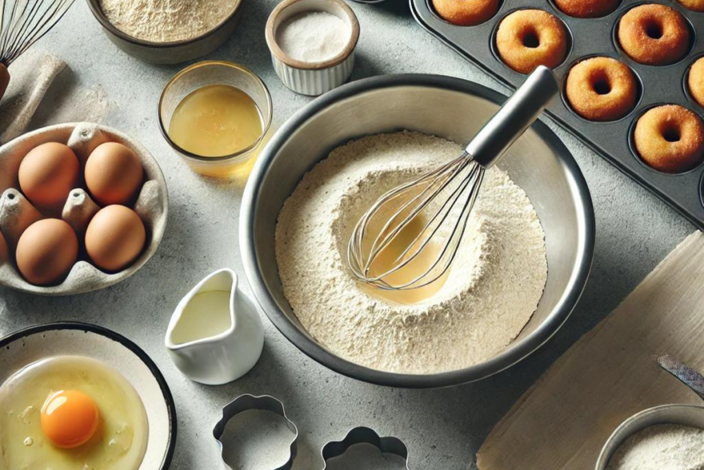 A kitchen scene showing the process of making cake donuts, with ingredients like flour, eggs, sugar, and a bowl of batter being mixed on the countertop.