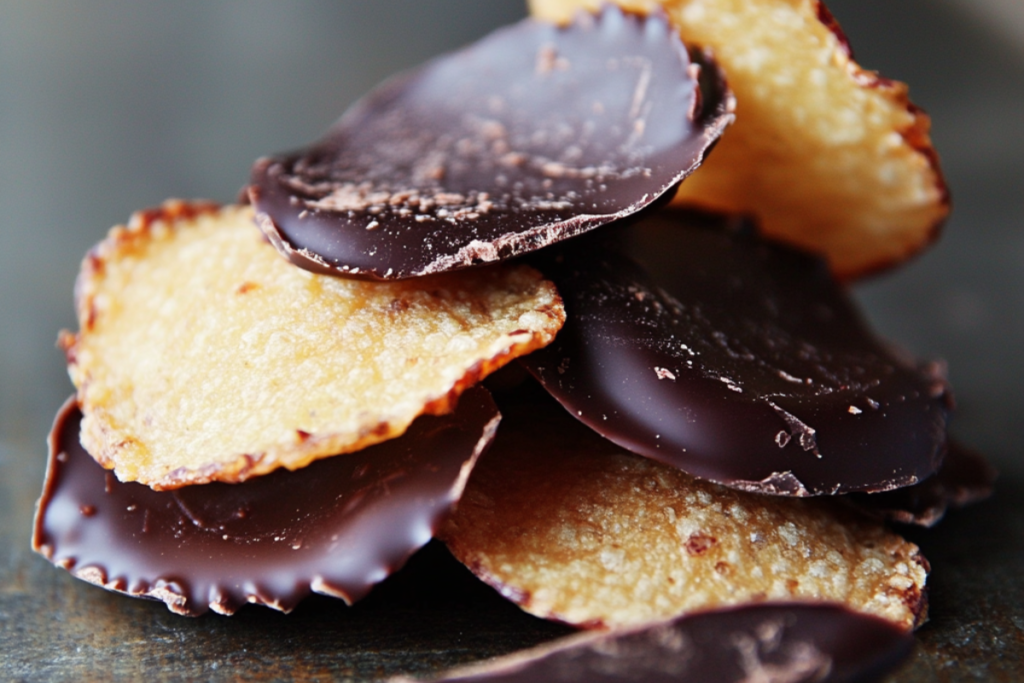 Close-up of crispy potato chips partially dipped in dark chocolate.