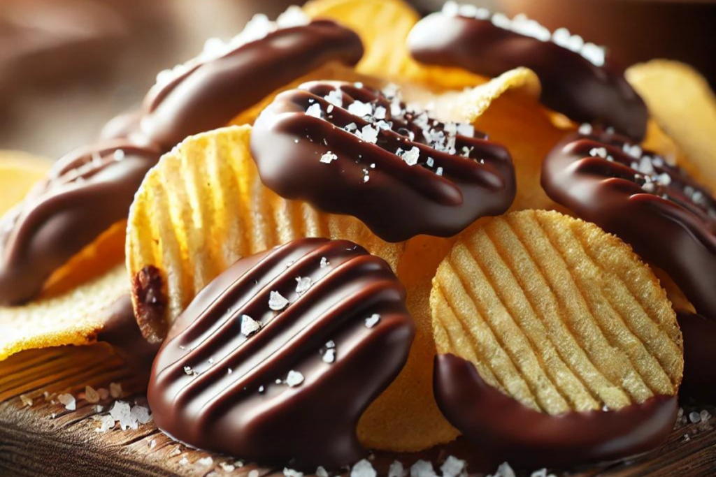 A close-up of chocolate-covered potato chips sprinkled with sea salt, showcasing the glossy chocolate coating on ridged chips.