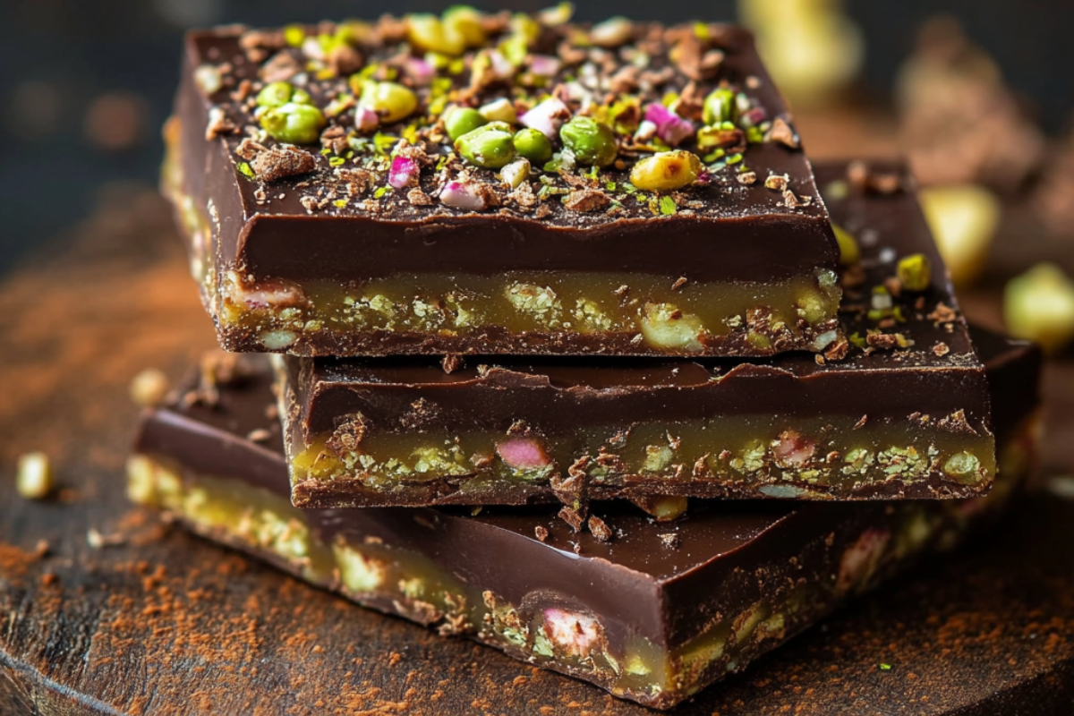 Close-up of layered chocolate dessert with pistachios, featuring a rich dark chocolate top and crunchy pistachio filling.