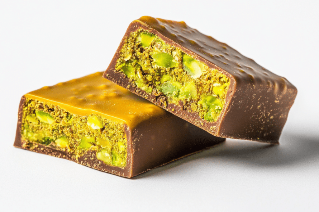 Close-up of a knafeh chocolate bar cut in half, showcasing pistachio and chocolate filling.