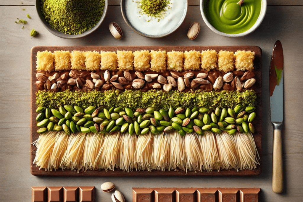 A visual spread of key ingredients for a knafeh chocolate bar, including pistachios, phyllo dough, and chocolate.