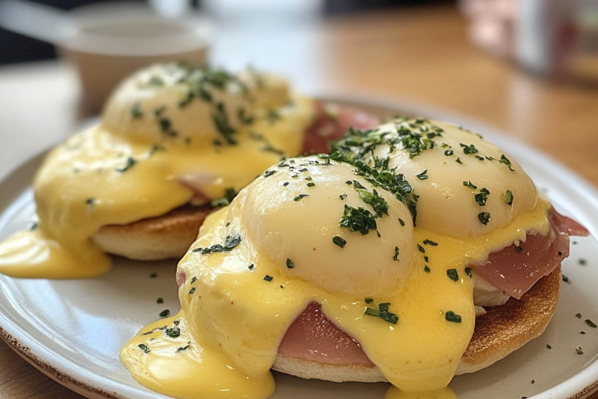 Close-up of a classic Eggs Benedict with poached eggs, Hollandaise sauce, and garnished with fresh herbs.