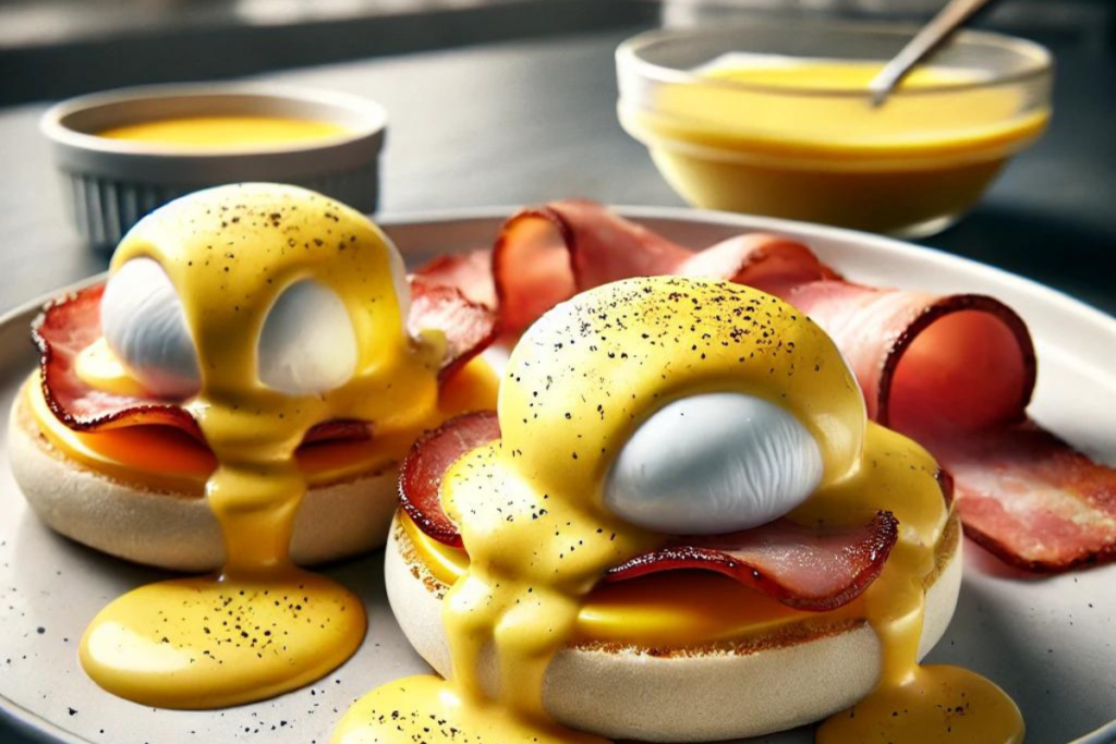 Classic ingredients of Eggs Benedict, including poached eggs, English muffin, Canadian bacon, and Hollandaise sauce.