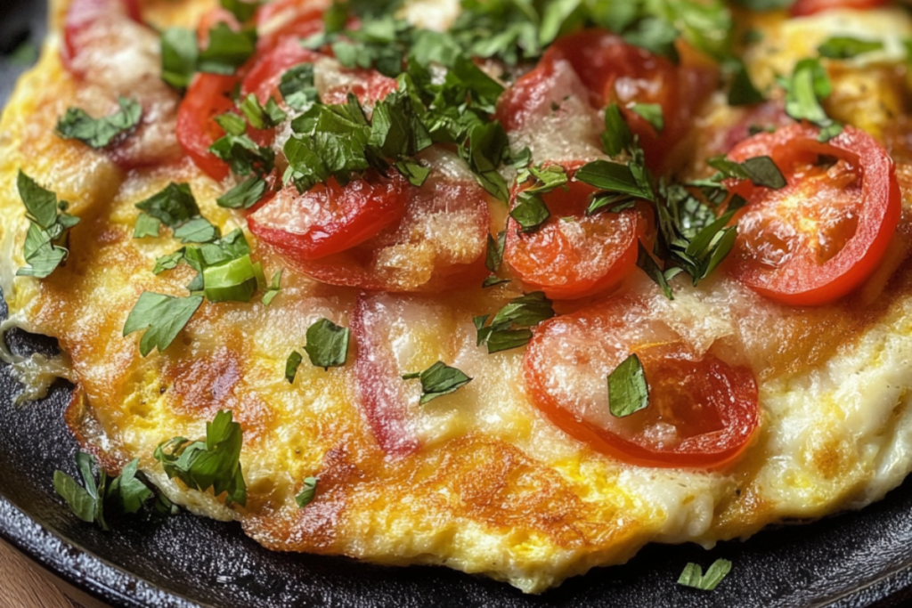 Western Omelette topped with fresh tomatoes and herbs in a skillet, featuring melted cheese and a golden brown edge.