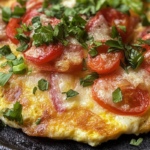 Western Omelette topped with fresh tomatoes and herbs in a skillet, featuring melted cheese and a golden brown edge.