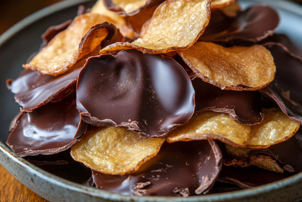 Close-up of crispy potato chips partially dipped in a smooth chocolate coating, arranged in a bowl.