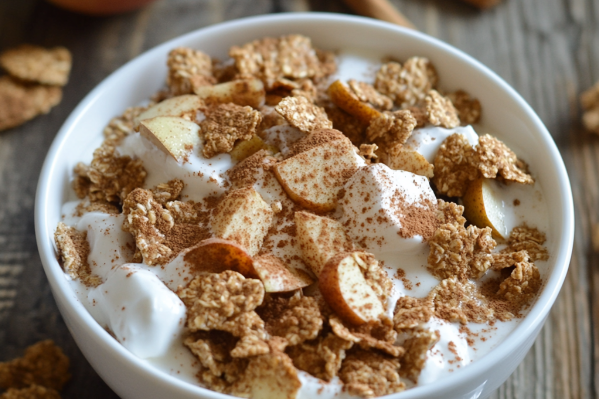 Bowl of apple and cinnamon cereal with yogurt topped with fresh apple slices and sprinkled cinnamon