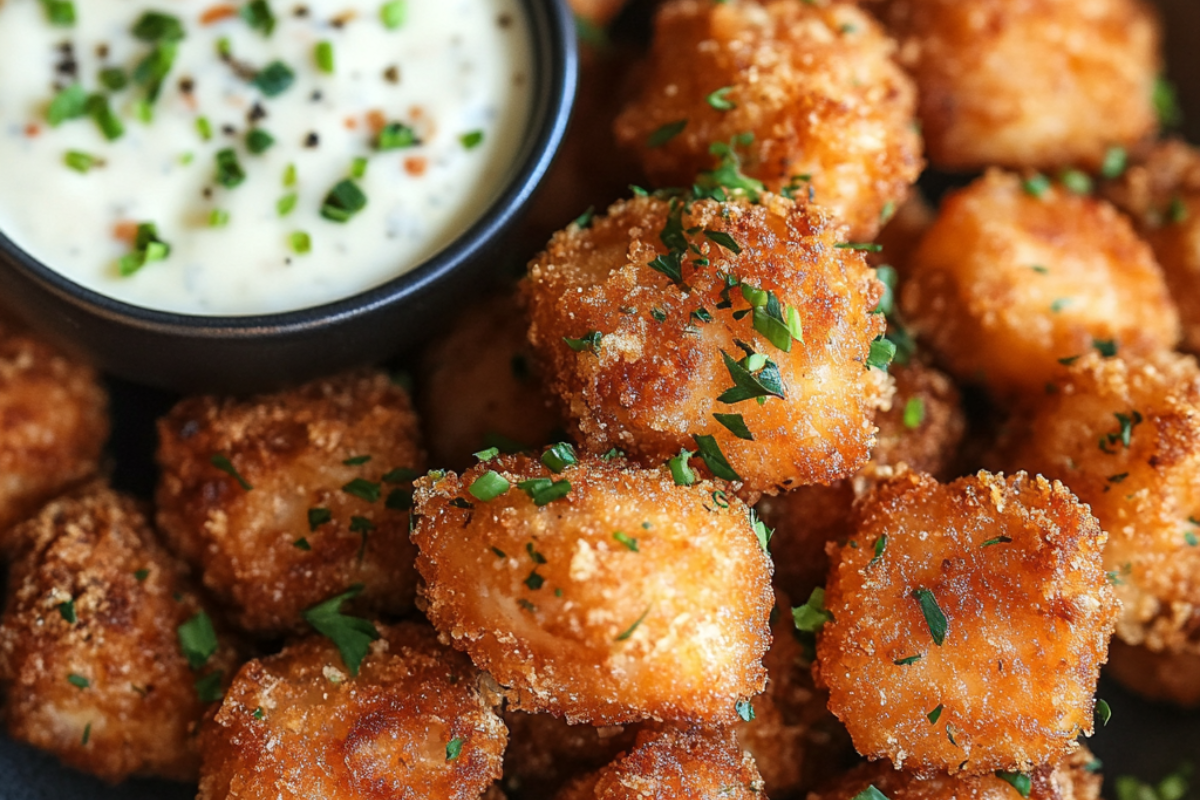 Crispy fried salmon bites garnished with parsley served with creamy dipping sauce