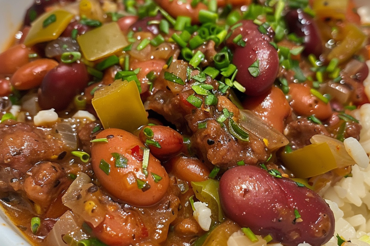 Close-up of hearty red beans and rice with sausage, bell peppers, and fresh herbs