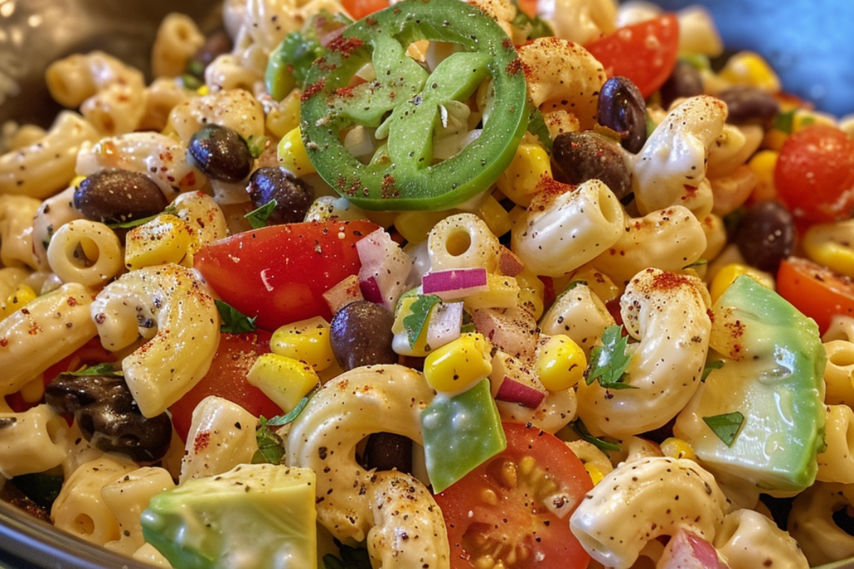 Creamy Mexican macaroni salad with cherry tomatoes, avocado, black beans, corn, and jalapeños served in a bowl – perfect for summer BBQs.