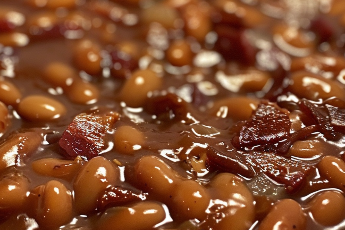 Baked beans with crispy bacon in a thick brown molasses sauce