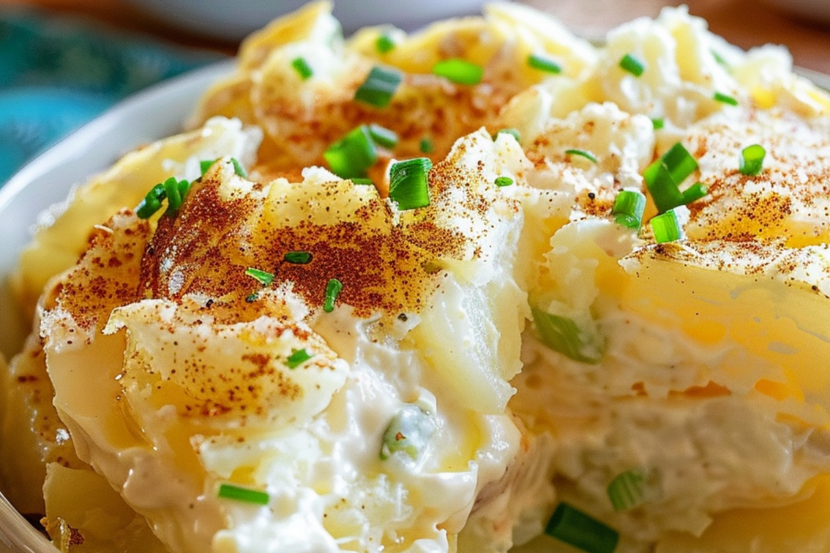 Close-up of creamy Southern potato salad topped with paprika and chopped chives in a white bowl