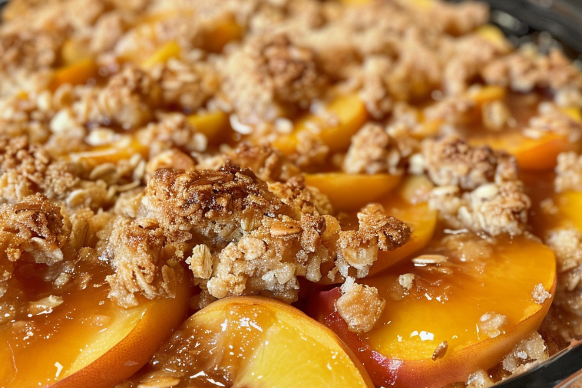 Close-up of Peach Crumble with Canned Peaches topped with golden oat streusel and bubbling syrup, served warm as an easy summer dessert.